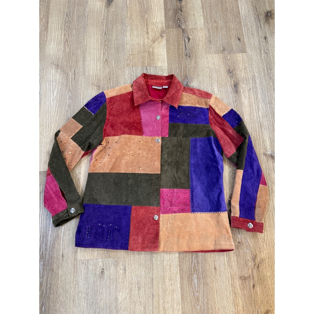 VTG Chico's Boho Patchwork Suede Leather Jacket Size 2 (L) Multicolor Quilted